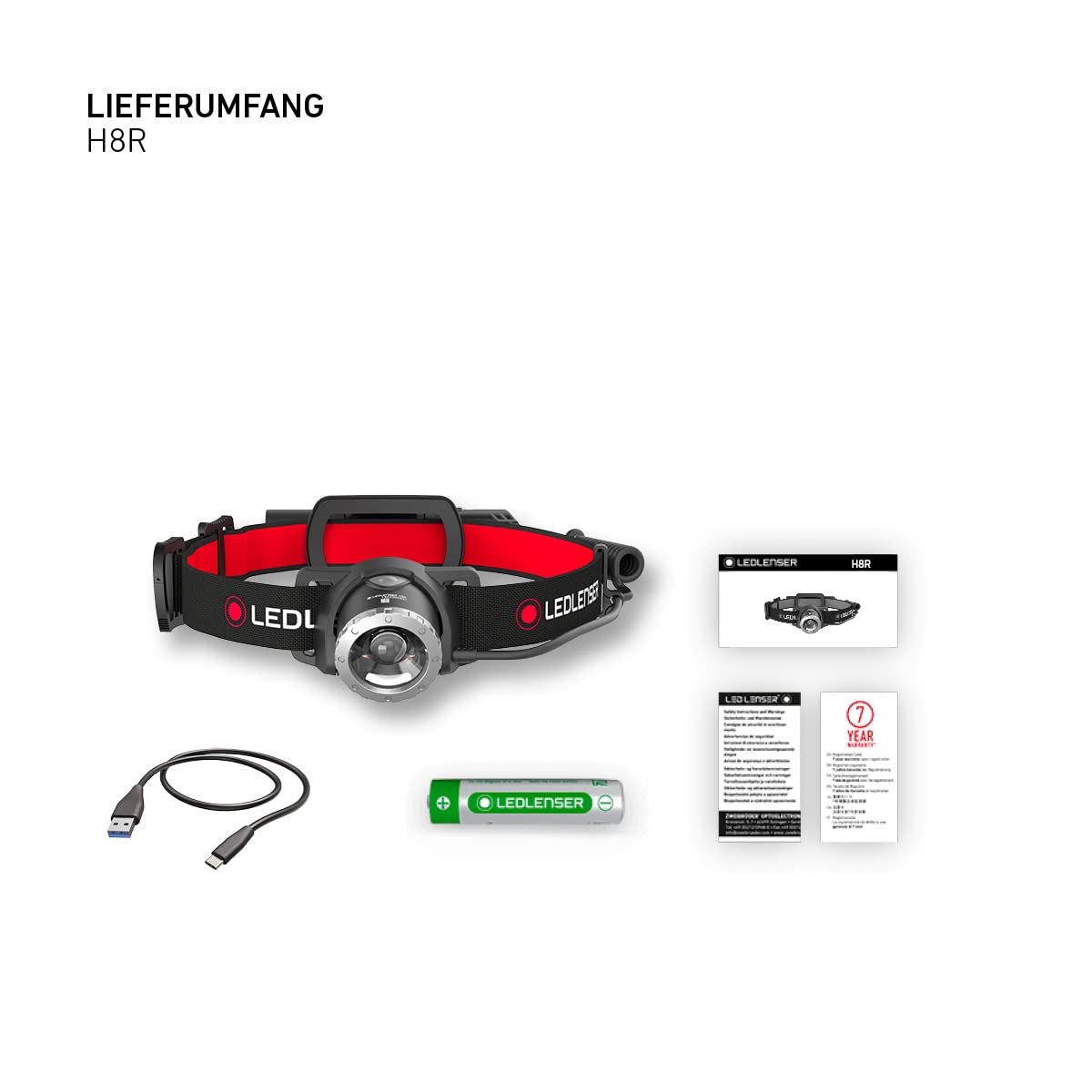 Ledlenser H8R headlamp with rechargeable lithium 18650 battery, 600 lumens, focusable, up to 120h runtime, red taillight, swiveling, USB charging cable.