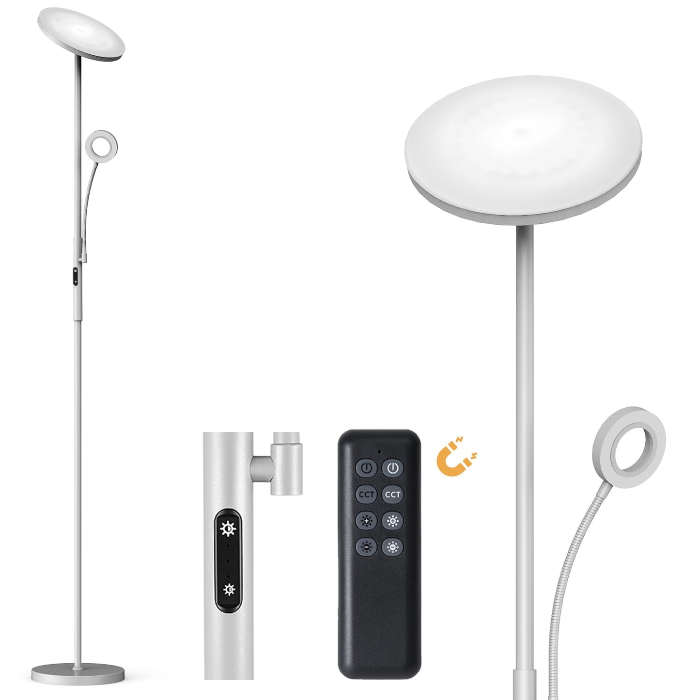 35W LED Floor Lamp Dimmable Gray, 4200LM Floor Lamp for Living Room with Remote Control & Touch Control, 3000-6000K LED Torchiere Lamp with Reading Light, LED Floor Standing Lamp for Bedroom Office