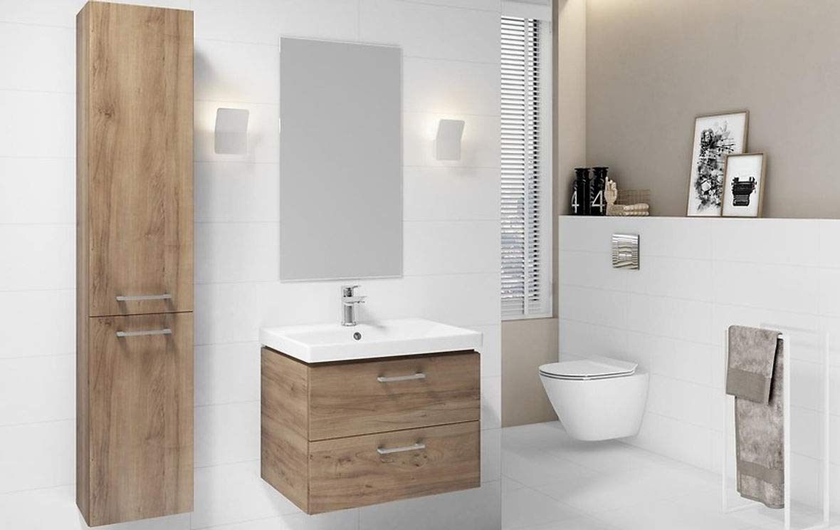 VBChome Vanity Unit with Washbasin 50 cm Walnut - Bathroom Furniture Set with 2 Soft-Close Drawers - Wall-mounted Bathroom Cabinet with Ceramic Sink - Modern Design
