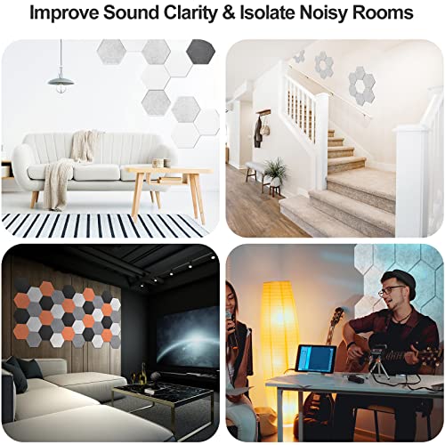 JBER Hexagon Acoustic Panels, soundproof foam panels, self-adhesive, 35.6 x 30.5 x 1cm, high-density sound-absorbing panels for acoustic treatment, home office, 12 pieces - silver gray