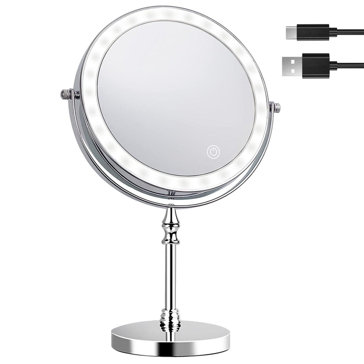 Amelar makeup mirror with lights, 1X/10X magnification, 2000mAh rechargeable battery, 3 colors dimmable, 360° swivel double-sided makeup mirror, tabletop mirror.