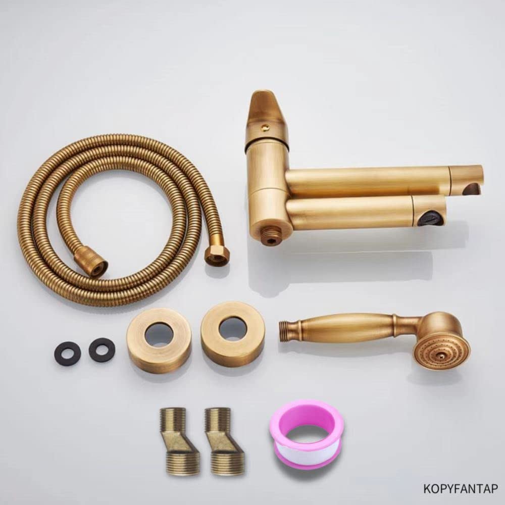 KOPYFANTAP Retro bathtub faucet with handheld shower brass antique, wall-mounted bathtub mixer tap shower set, 90° rotatable spout 15cm.