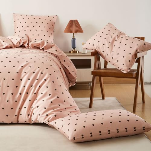 Nyescasa bedding 135x200 pink heart pattern 100% cotton girls children's heart bedding set with zipper, 1 duvet cover 135x200 and 1 pillowcase 80x80 cm