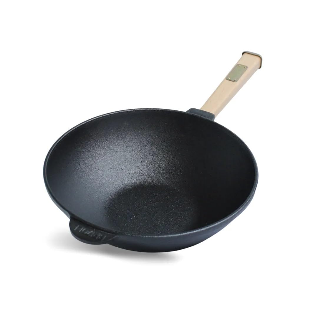 4BIG.fun Wok pan with wooden handle 24 cm made of cast iron Wok 2.2 L Outdoor frying pan Camping grill pan Cooking utensils Cast Iron Wok pan Cast Iron pan Induction