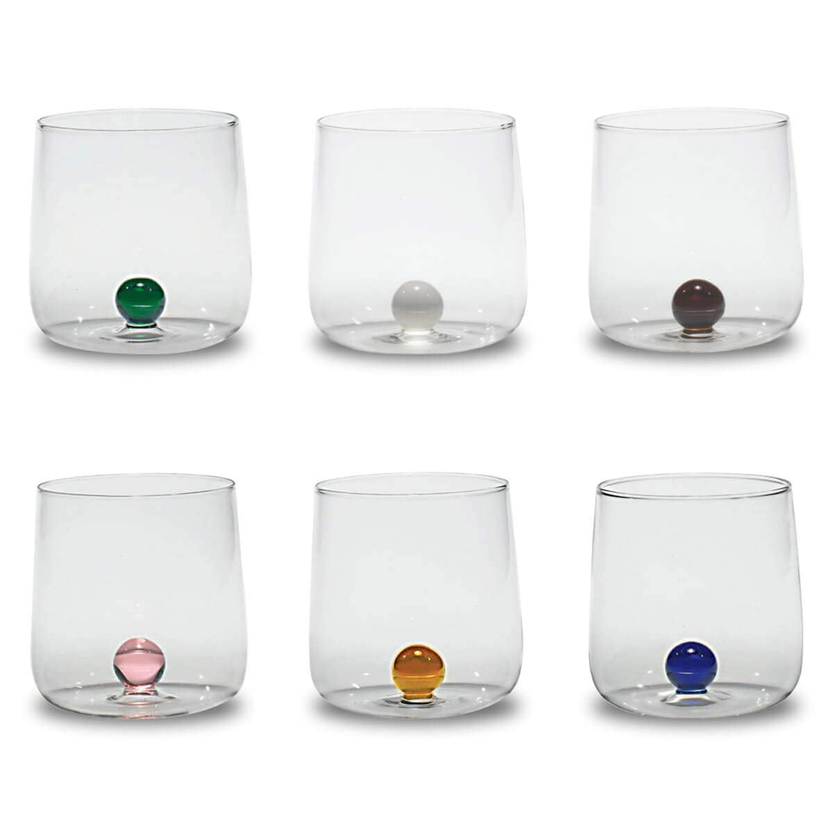 Saffron Bilia Tumbler Set 6 water glasses clear with ball in 6 different colors.