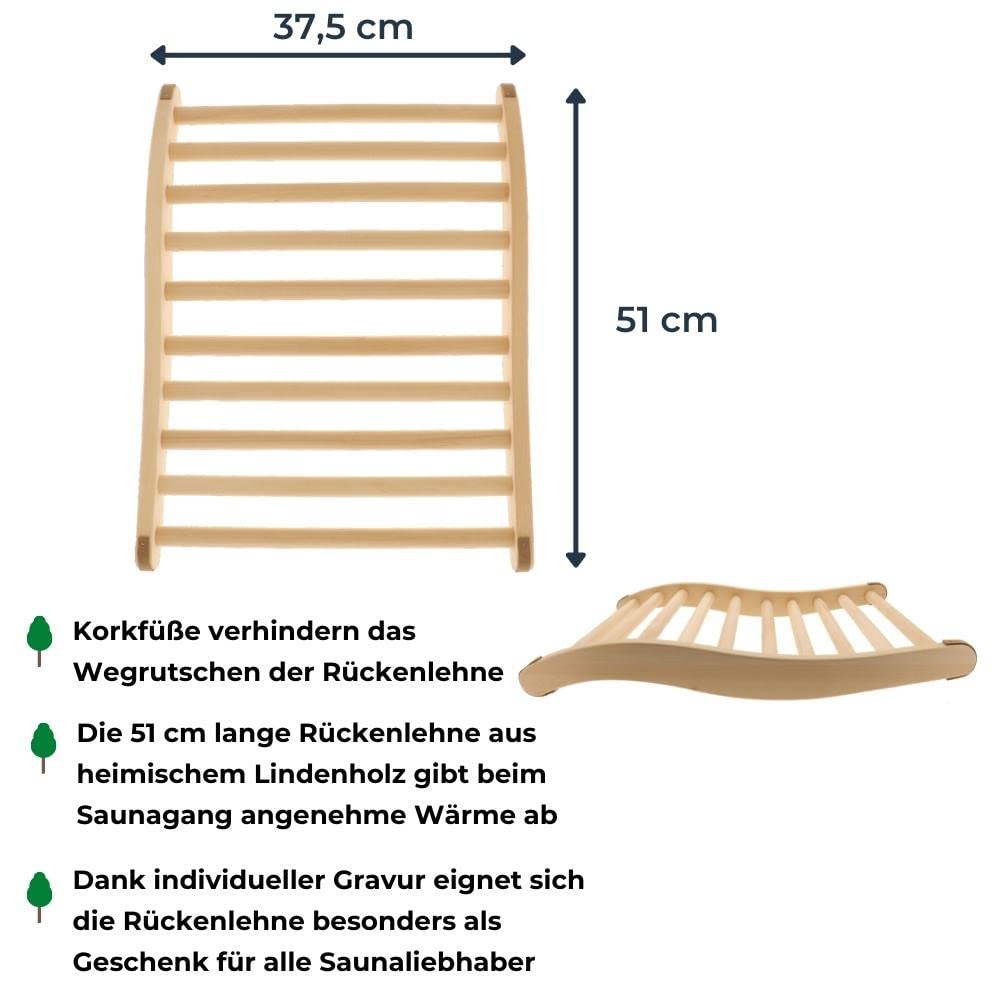 2X HOFMEISTER® Sauna backrest made of high-quality lime wood, 51 cm, ergonomically shaped, Made in Europe, non-slip sauna back support, Relax and unwind with headrest