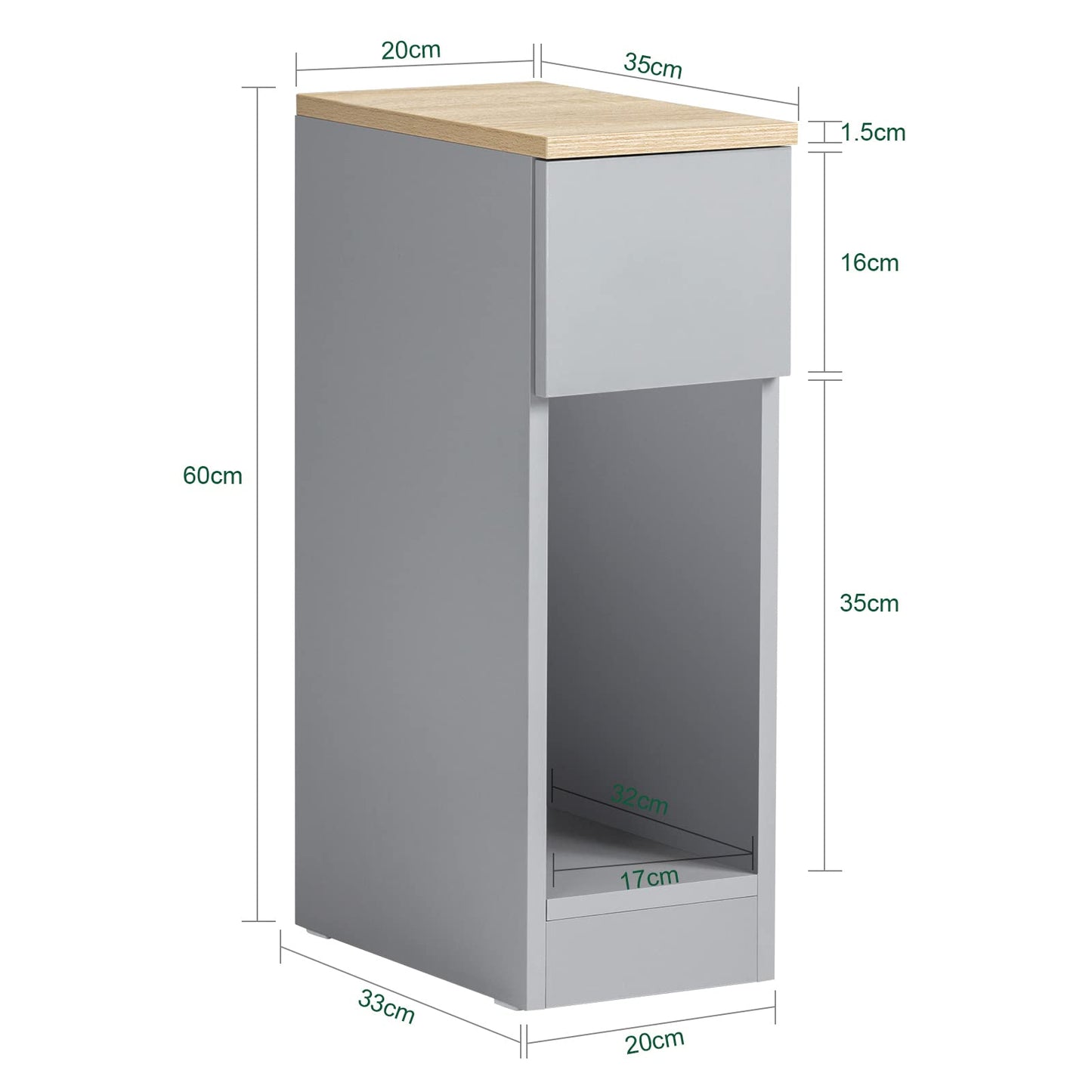 SoBuy slim bedside table with drawer and shelf nightstand for bedroom living room light grey B20 x D35 x H60 cm FBT111-HG