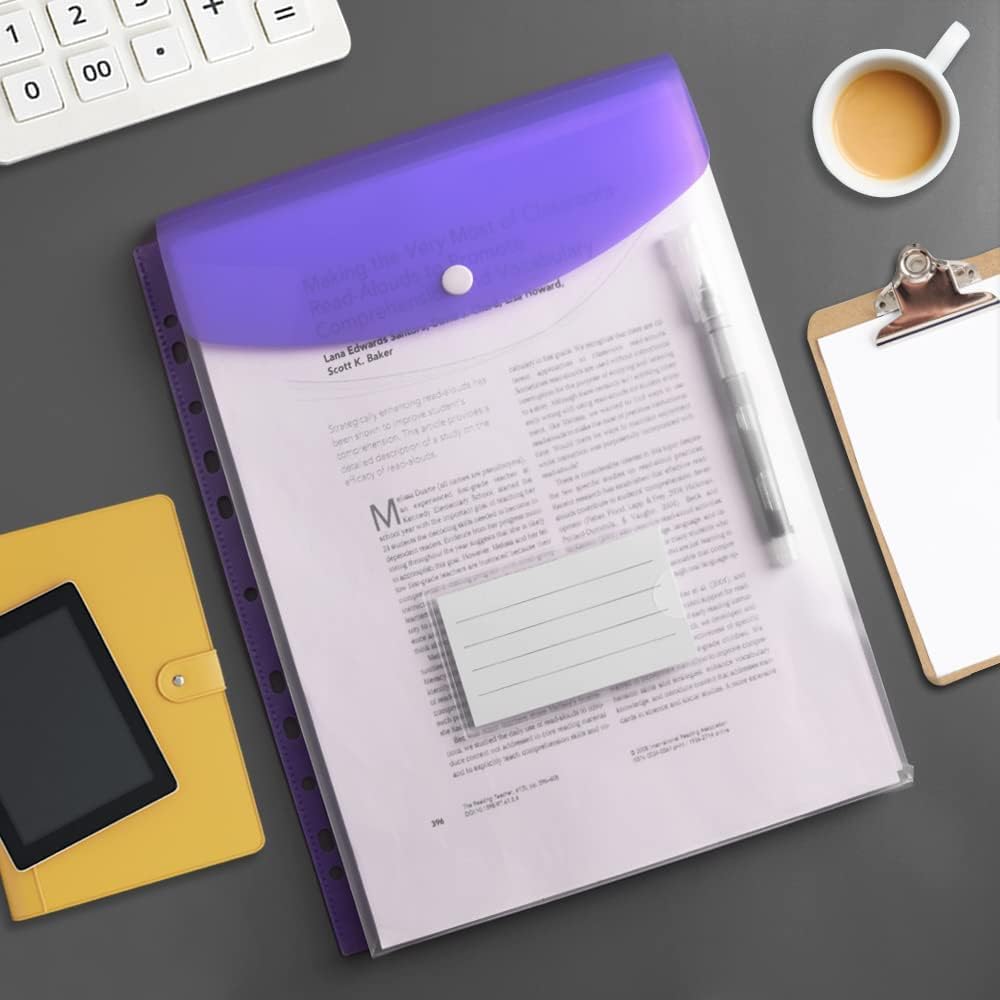 Vakki A4 Document Folder, 12pcs Transparent A4 Document Pouches for Filing, Expandable Collection Folder with 11 Hole Edges, Snap Button for Organizing Documents - 6 Colors