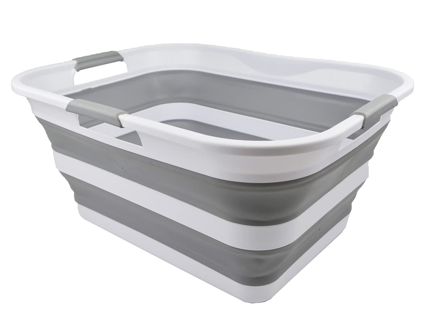 SAMMART 42L collapsible plastic laundry basket - foldable pop-up storage container/organizer - portable washing tub - space-saving basket/bin (White/Grey)