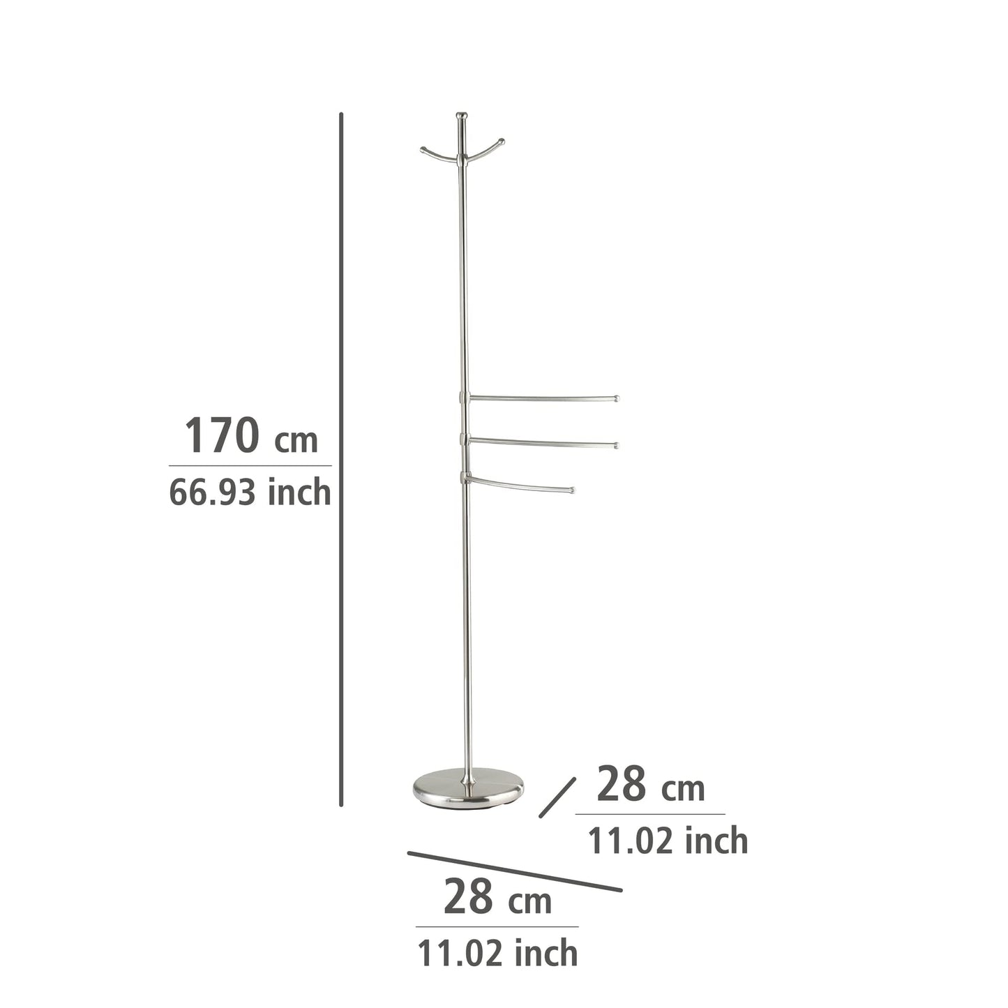 WENKO towel rack model Adiamo with adjustable arms and 2 hooks, coat stand made of brushed steel, 28 x 170 x 28 cm.
