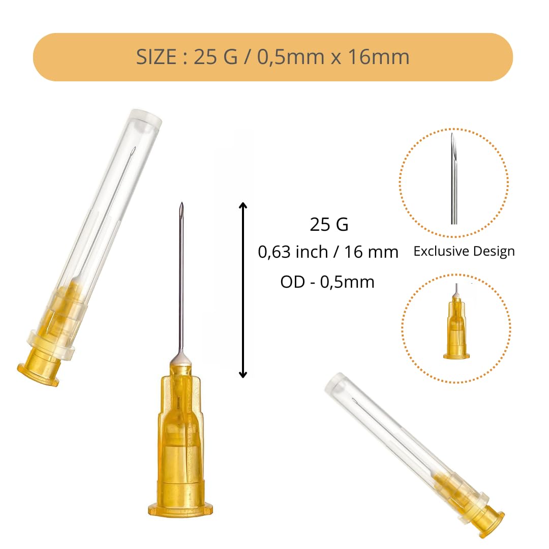 100 pieces of 25G x 5/8" (16mm) stainless steel dispensing tubes, different sizes: 18G/20G/21G/22G/23G/25G/26G/27G/30G, individually packaged, refill tubes for industrial, scientific laboratories, for hobby and home use.