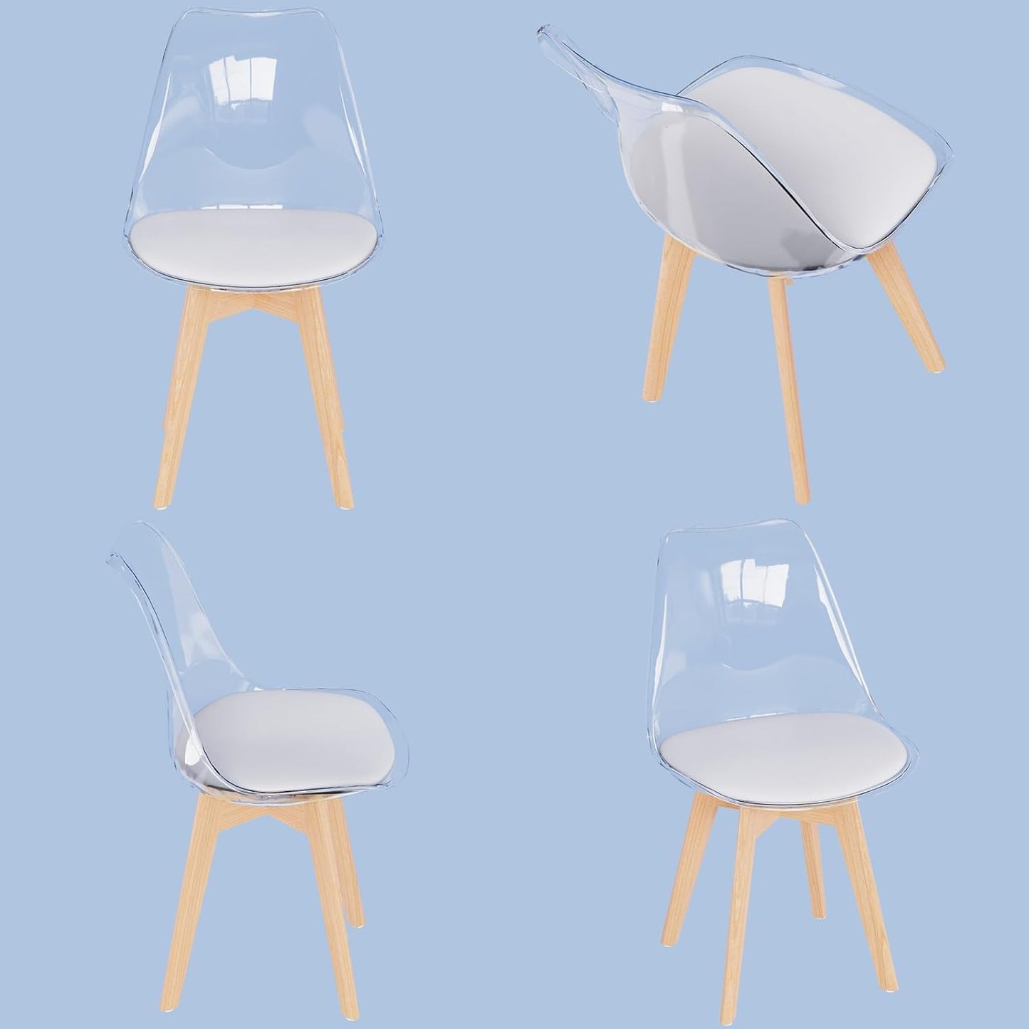JIJIAN set of 6 dining chairs, transparent TPE backrest, beech wood legs, PU leather upholstered, Nordic style. Suitable for dining room, kitchen, living room, office, cafe.