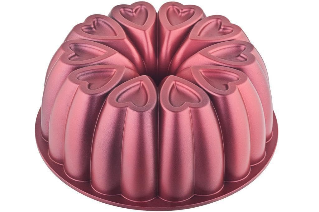 Generic cake pan with non-stick coating, heart shape, 10-inch baking mold, ribbed aluminum casting, easy to clean, durable, titanium coating (Red, Round)