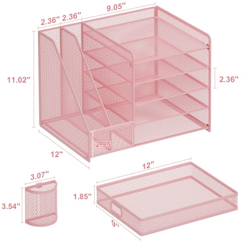 Marbrasse Desk Organizer with File Holder, 5 Compartments, Paper and Letter Tray, with Drawer and 2 Pen Holders, Mesh, Storage with Magazine Rack for Office Supplies, Pink