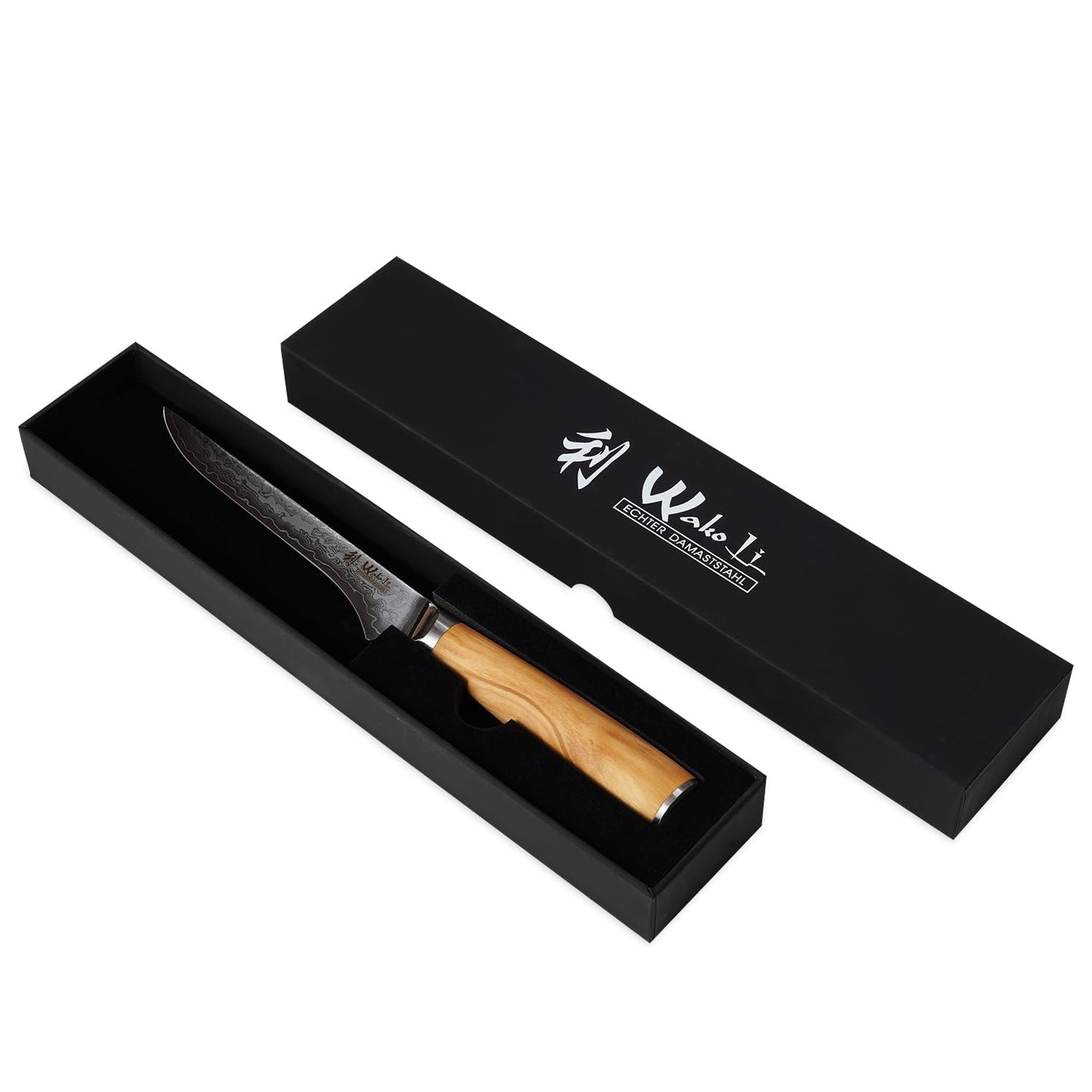 Wakoli Oribu fillet knife boning knife 14cm blade made of 67 layers of Damascus steel with AUS-10 core, olive wood handle, ergonomic, for meat and fish, professional kitchen knife gift box, sharp & durable.