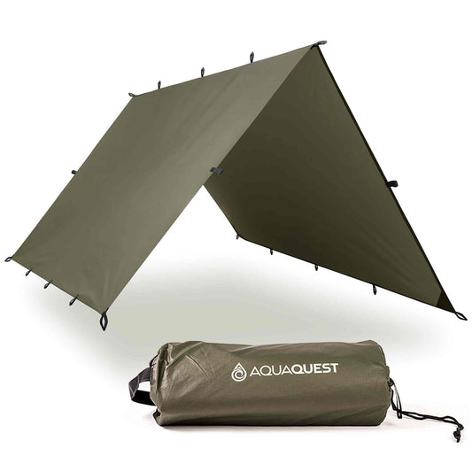 AquaQuest Safari waterproof camping tarp - Lightweight sunshade or rain shelter - Hiking, backpacking, & hammock, 6 x 4 m Olive Green