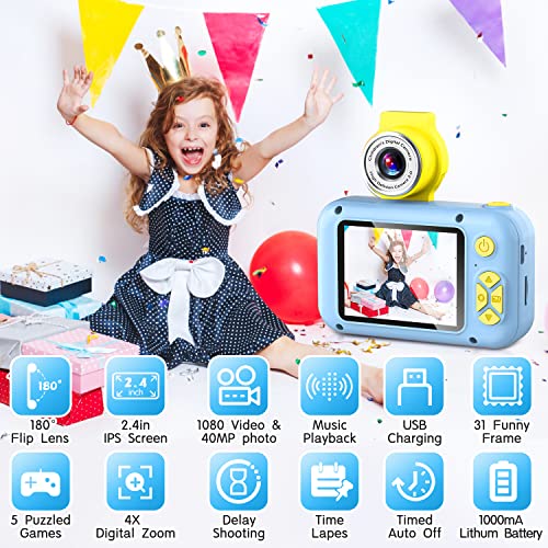 ARNSSIEN Kids Camera - Selfie Digital Camera for 3-10 year old girls and boys, 2.4in display, 180° flip lens, gift and toy.