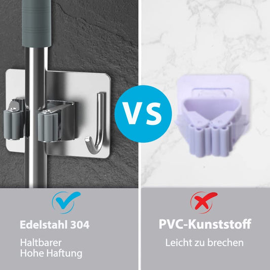 Homeasy Wall Mount Broom Holder 4 Pack Self Adhesive Stainless Steel No Drilling Mop Holder Tool Organizer with Hooks for Kitchen Bathroom Garden Balcony (Silver)