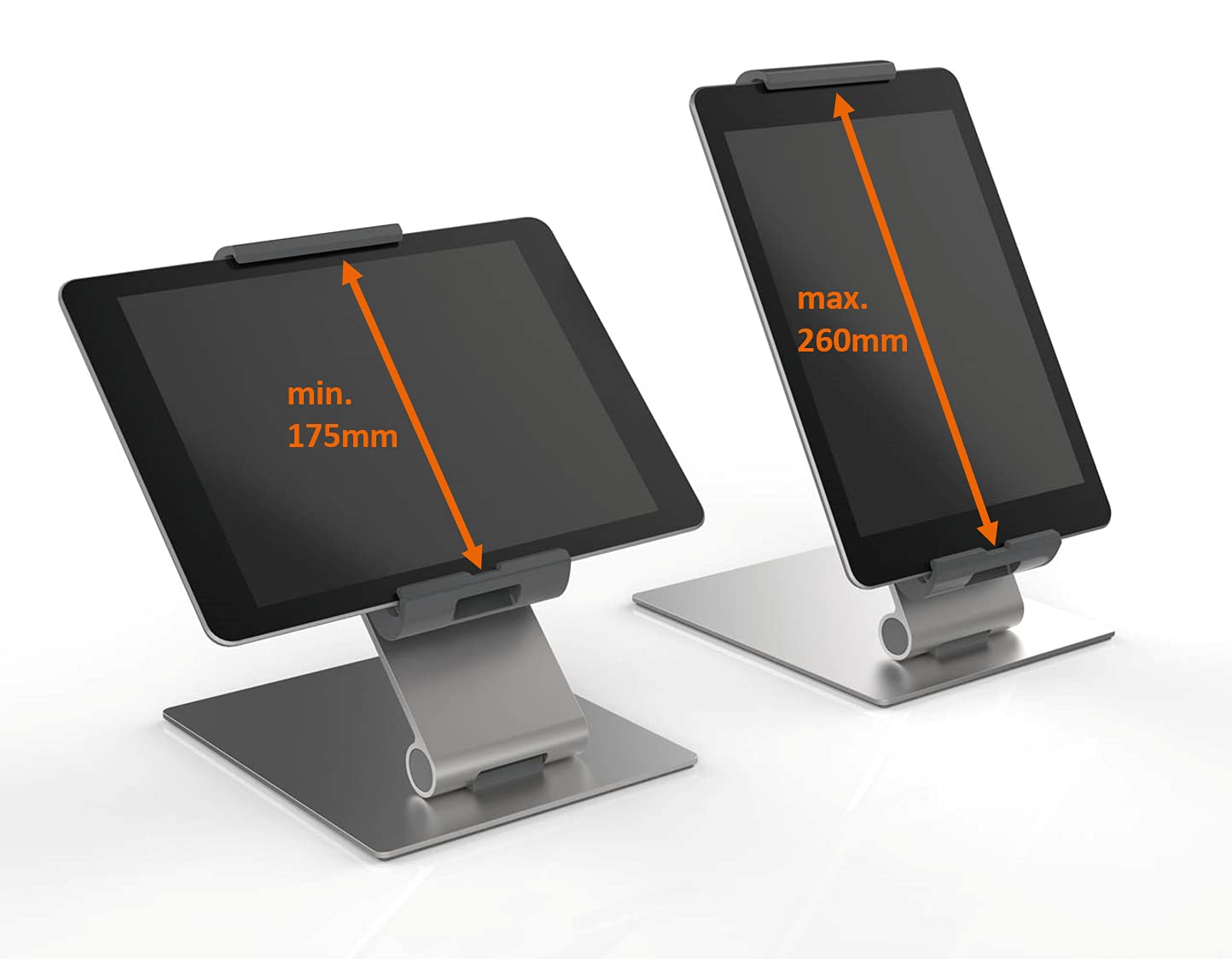 Durable tablet mount with articulated arm for 7-13 inch tablets, 360° rotation and theft protection, silver/anthracite, 893123