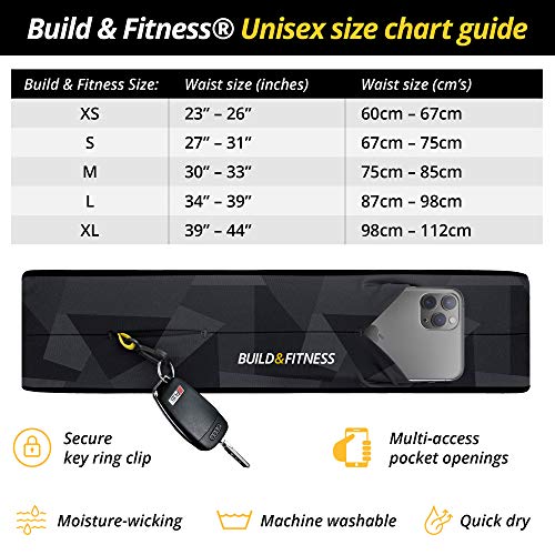 Build & Fitness running belt, flip waist pouch, key clip, suitable for iPhone, Samsung.