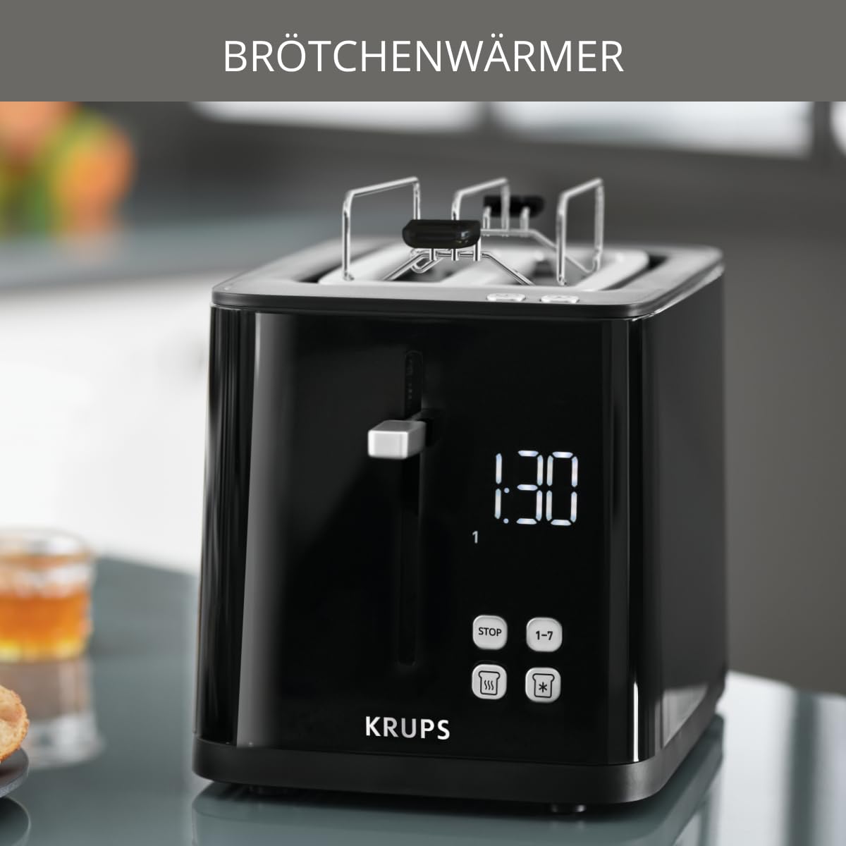 Krups KH641810 Smart'n Light Toaster, Two-Slice Toaster, Digital Display, 7 Browning Levels, Removable Crumb Tray, Countdown, Lift Function, Black