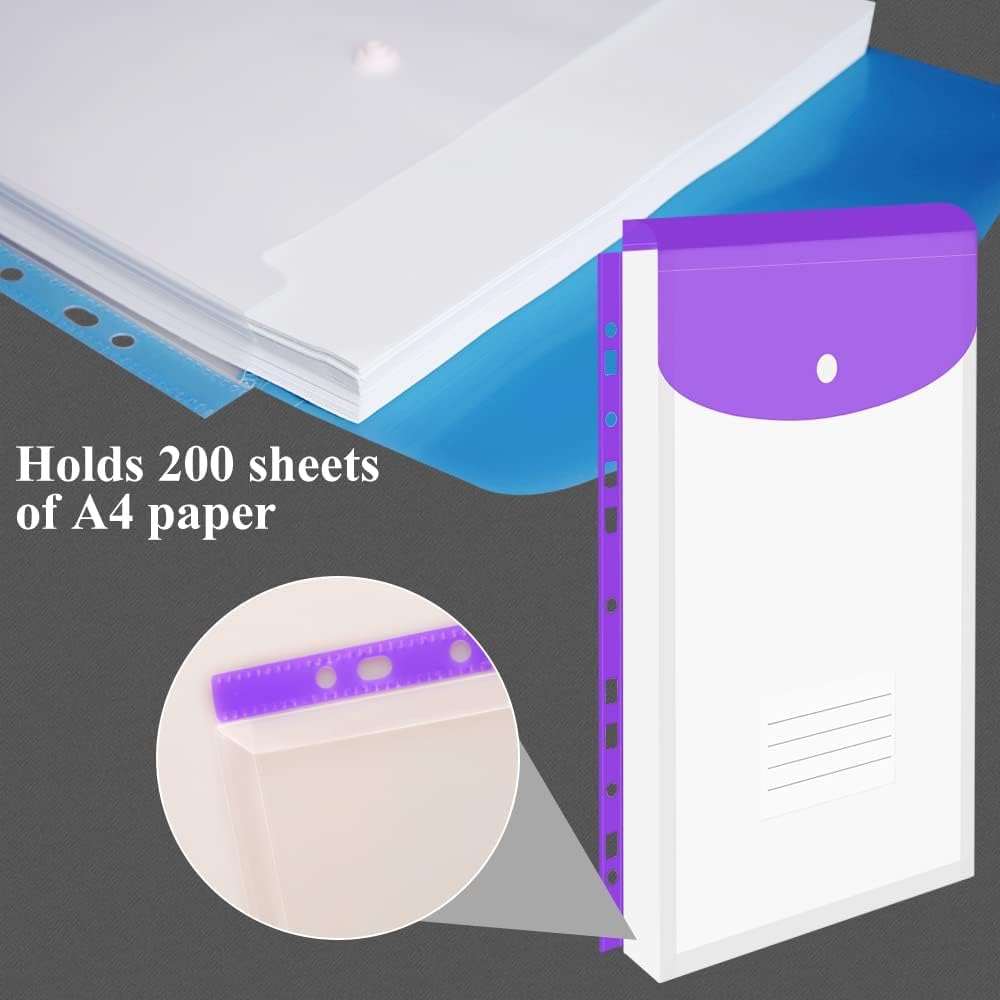 Vakki A4 Document Folder, 12pcs Transparent A4 Document Pouches for Filing, Expandable Collection Folder with 11 Hole Edges, Snap Button for Organizing Documents - 6 Colors