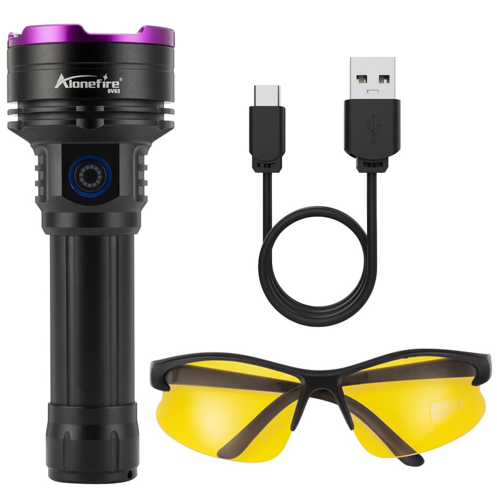 Alonefire SV83 20W 365nm UV flashlight USB rechargeable - Blacklight pet urine detector, resin/money detector, fishing, scorpion, amber, minerals - With UV protective glasses, battery included