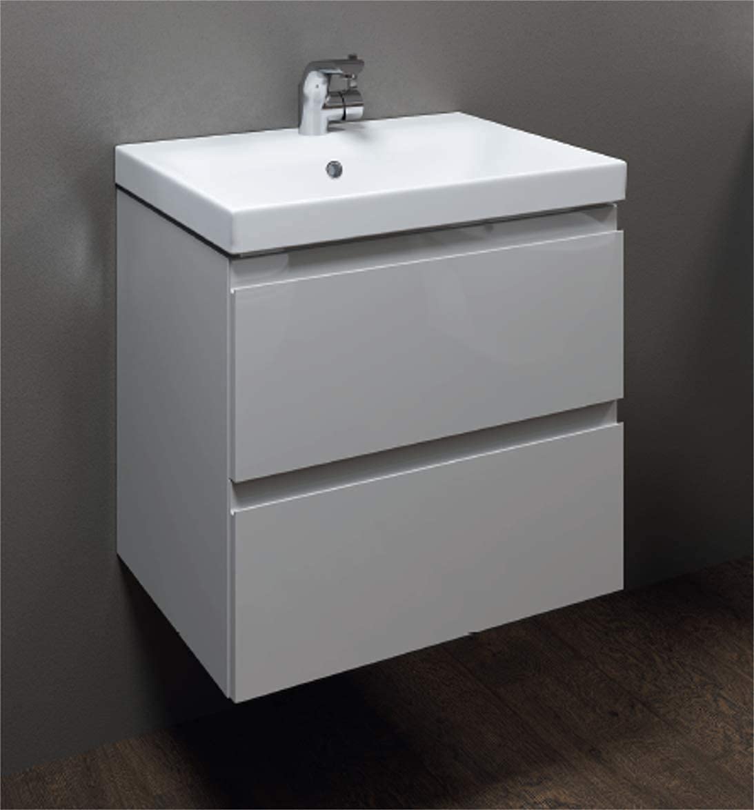 VBChome 24" Slim Grey Bathroom Furniture Set with Faucet and Pop-up Drain Basin with Vanity Cabinet Washbasin 2 Drawers Moduo Hanging Cabinet Click-clack