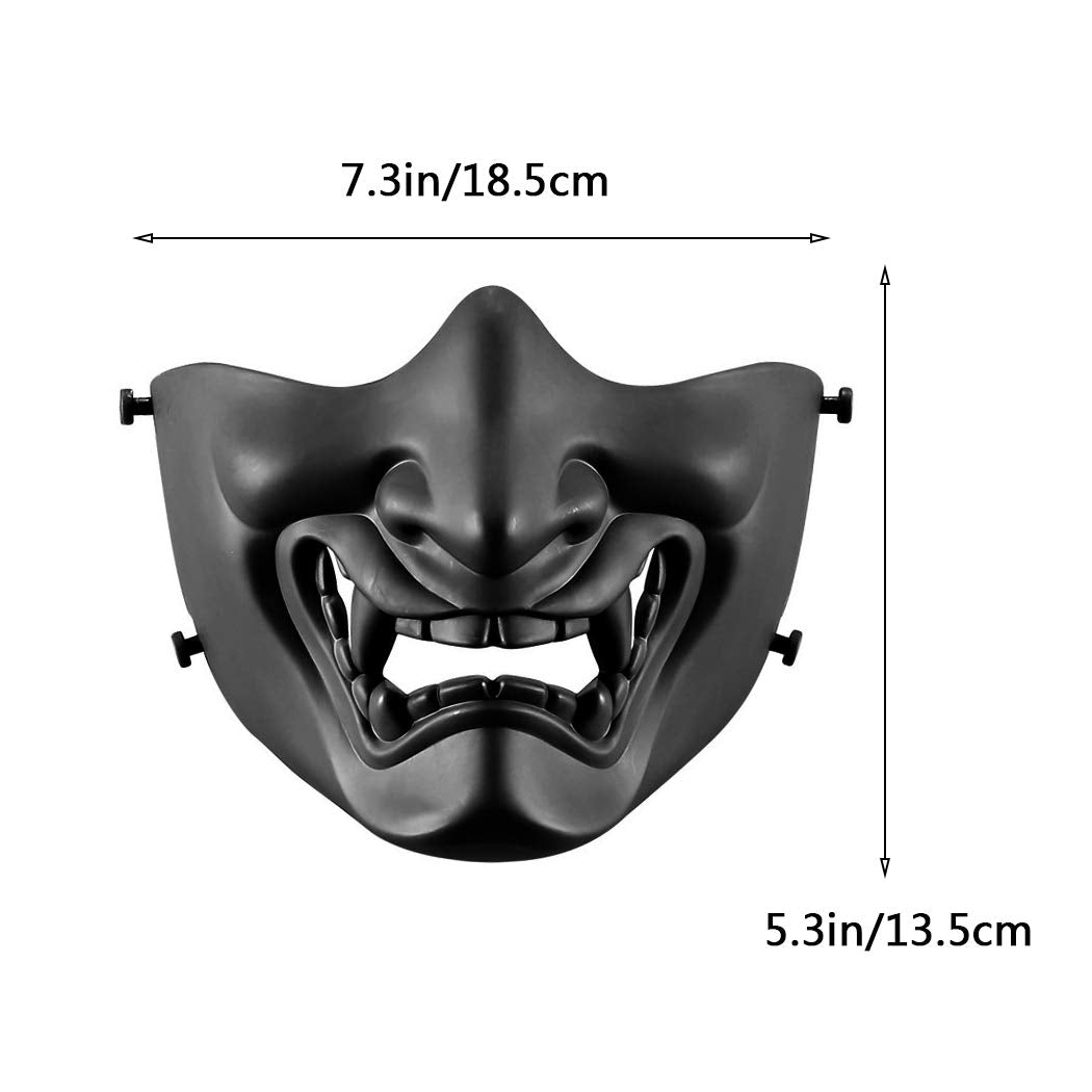AOUTACC Airsoft Half Face Masks, Evil Demon Monster Kabuki Samurai Hannya Oni Half Face Protective Masks Masquerade Ball, Party, Halloween, Cs War Game (Adjustable Strap Black)