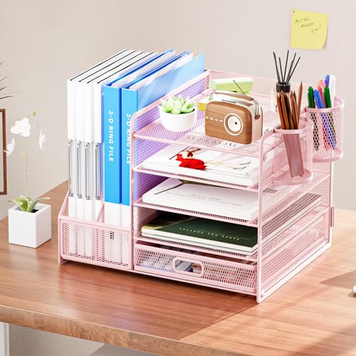 Marbrasse Desk Organizer with File Holder, 5 Compartments, Paper and Letter Tray, with Drawer and 2 Pen Holders, Mesh, Storage with Magazine Rack for Office Supplies, Pink