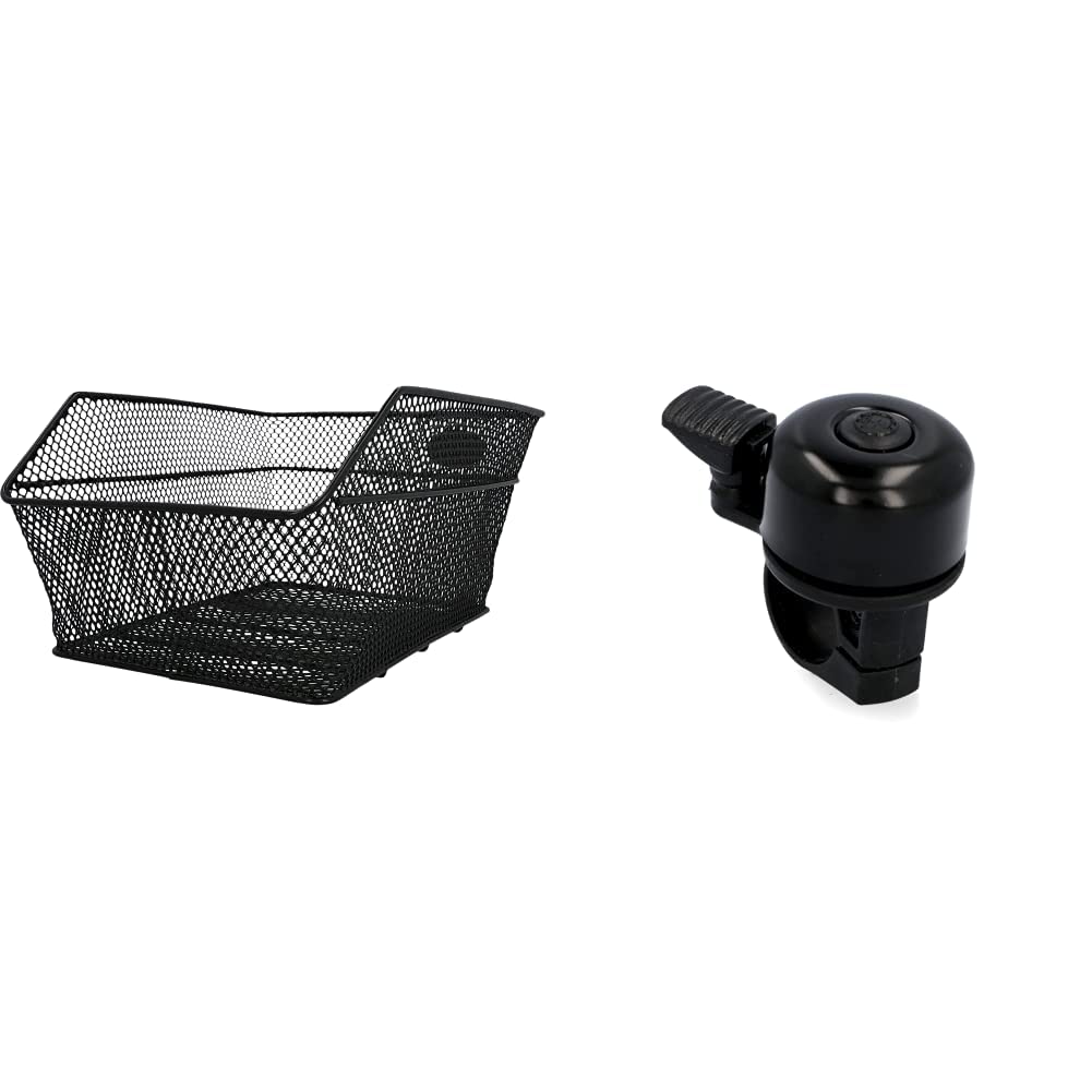 FISCHER Carrier Basket School, bike basket, tight mesh, theft-proof, suitable for e-bikes, load capacity 25 kg, black & Mini bicycle bell, black, One Size