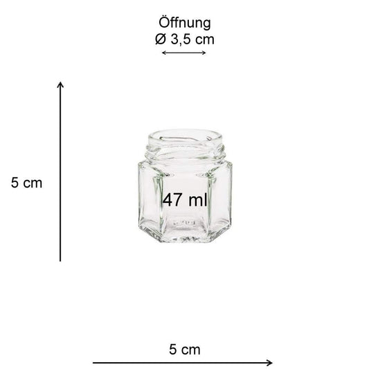 Viva Household Goods - 32 x Mini Mason Jar 47 ml with gold-colored lid, hexagonal glass jars usable as jam jars, spice jars, party favors, etc. (including funnel Ø 12.3 cm)