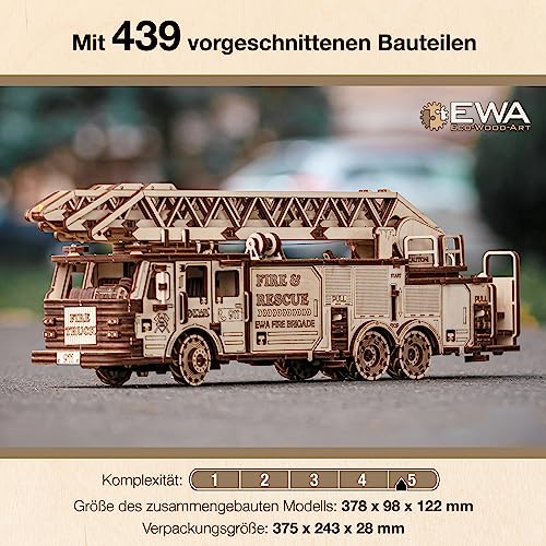 MagicWood - Mechanical 3D Puzzle Wood Fire Truck - DIY wooden puzzle kit for adults & kids - model kit to assemble without tools & glue - wooden construction kit