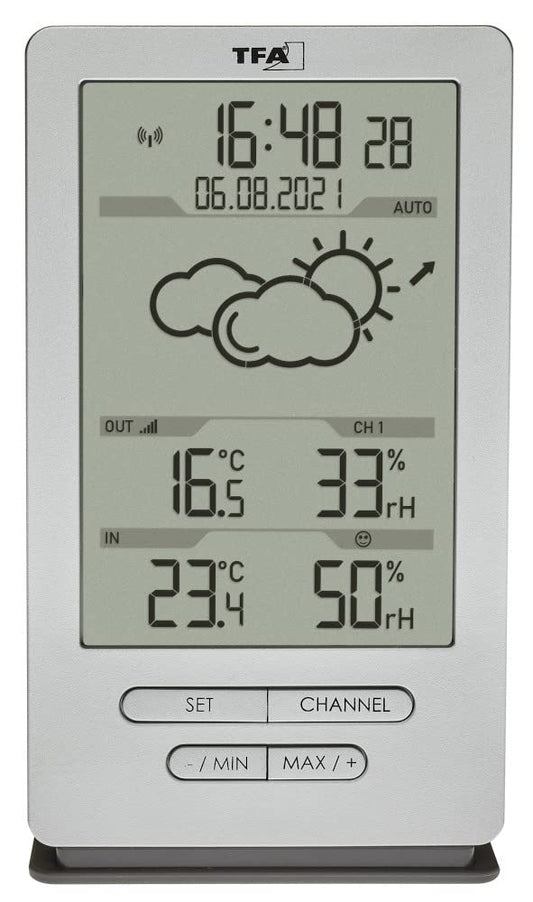 TFA Dostmann Wireless Weather Station Xena, 35.1162, with outdoor sensor, indoor and outdoor temperature, weather forecast, including radio-controlled clock, air humidity, for standing/hanging (silver with batteries)