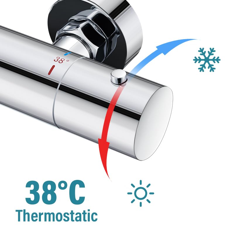 Shower Thermostat Mixer Tap Chrome, Dolinvo Shower Faucet Mixer with 38°C Safety Button & 2 Outlets, Round Shower Thermostat Mixer with Scald Protection & Water Saving Function