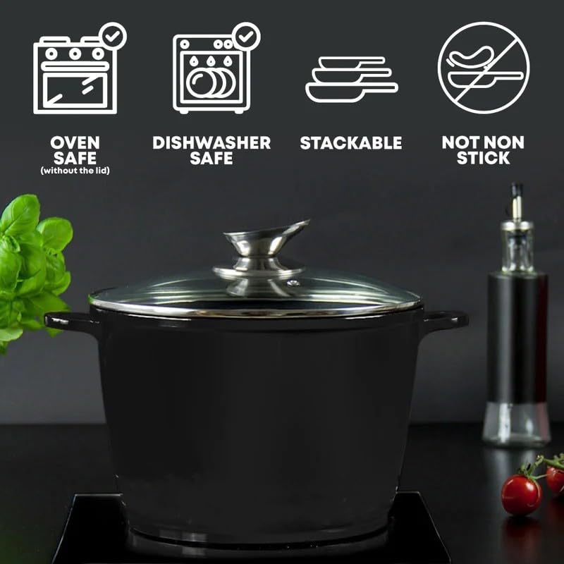 Royalty Line - Cooking Pot with Glass Lid, Non-stick Coated, Induction Compatible, Black, 7 Liters, 24 cm