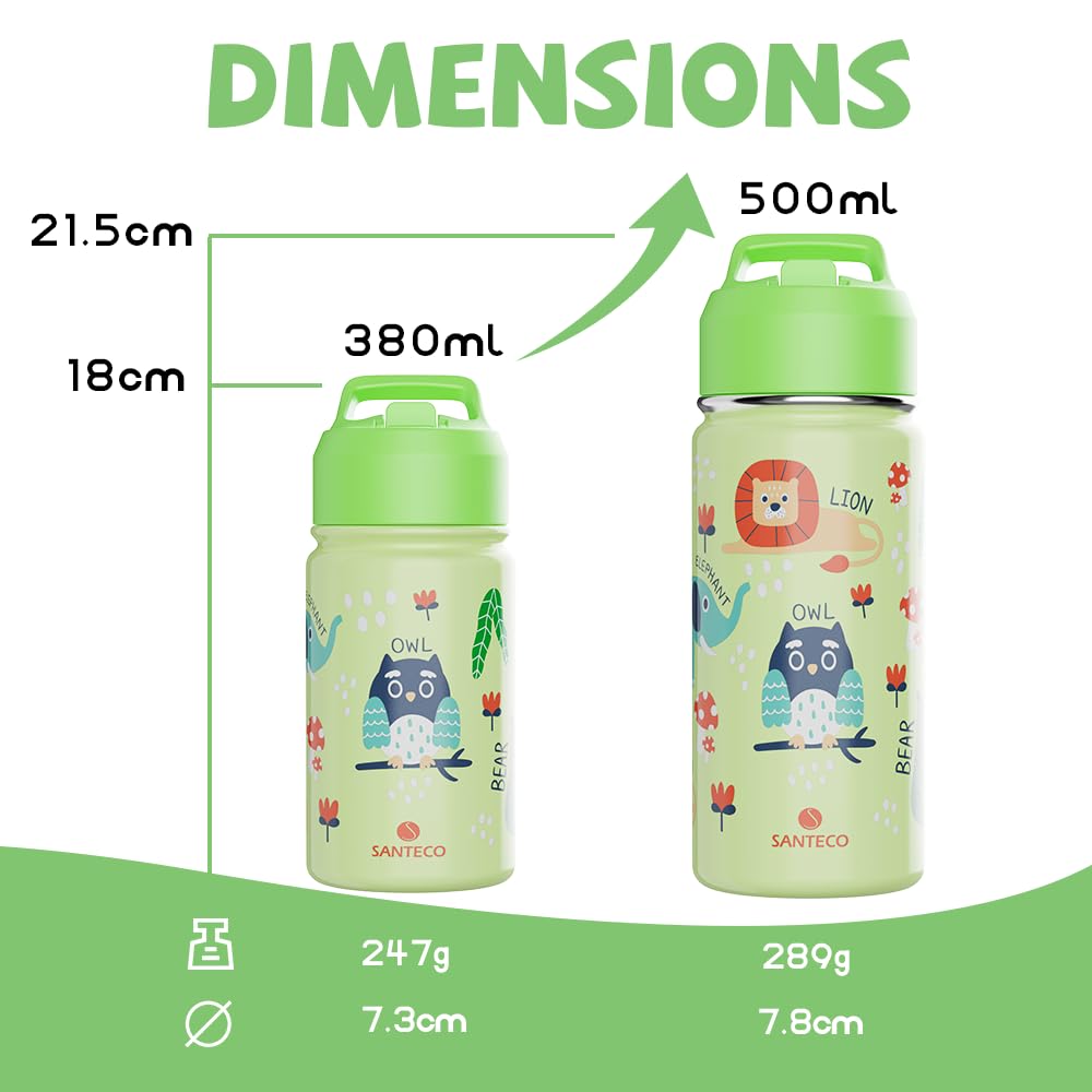 SANTECO Kids Stainless Steel Water Bottle 500ml with Straw, Kids Thermos Bottle BPA-free Water Bottle Easy to Clean, Thermos Flask for Boys Girls in Kindergarten School - Owl