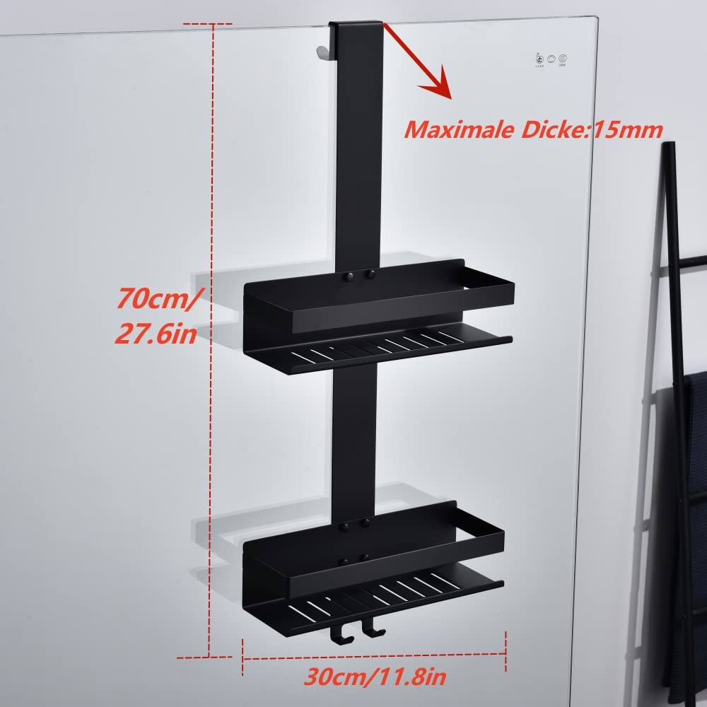 HomeHeng hanging shower caddy, 2-tier shower shelf in matte black, SUS304 stainless steel double shower basket with hooks for glass shower enclosure, H30MB-2DH