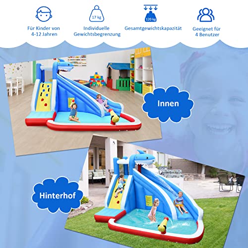 GOPLUS Inflatable Bounce House, Water Park with Slide/Climbing Wall/Basketball Hoop/Splash Pool, for Kids 4-12 Years, Kids Play Pool with Carrying Bag, 390x305x240cm (Shark, With Blower)