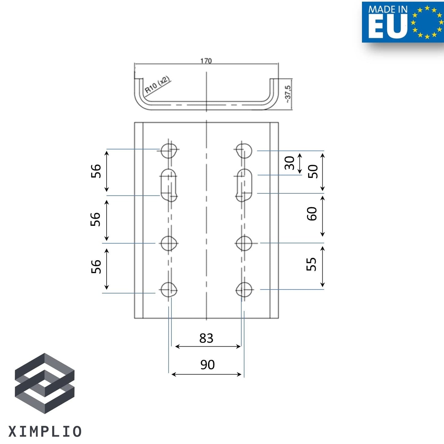 XIMPLIO Universal Adapter Plate Adjustment Ball Height Ball Adjustment Plate with ABE for Trailer Hitch Trailer Coupling AHK Screw-on Plate 2-Hole 90mm / 4-Hole 83x56mm (with Screws 4xM12)