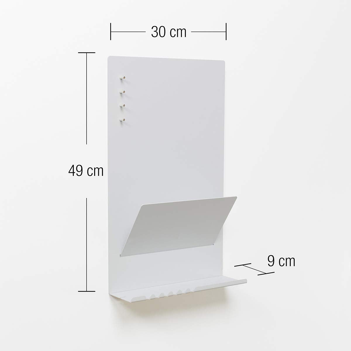 Offering wall organizer shelf made of steel structure. 30 x 9 x 49 cm 3-in-1 wall shelf with magnetic board and magnets. Board for keys, newspapers, and notes. Gray color.
