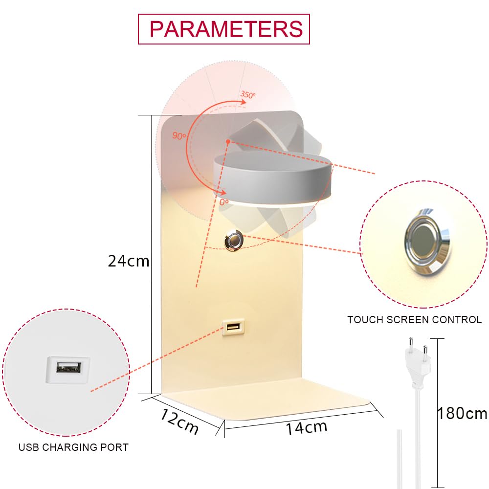 2 pieces of indoor LED wall lights with USB charging port, 12W touch dimmable wall lamp with switch & plug, 350° rotatable reading light wall mounted for bedroom bedside, living room, study hotel.