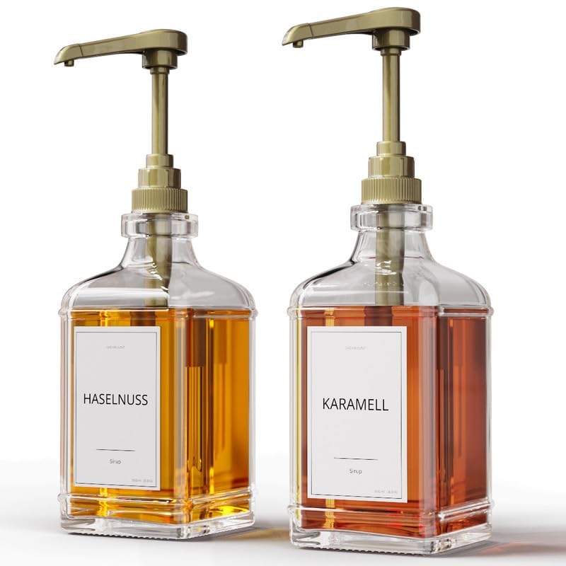 GREYMOUNT ® Syrup Dispenser Set - 2 Pack 500ml pump dispensers for syrup made of glass with gold dosing pumps for coffee, cocktails, and more | Leak-proof and drip-free | Includes 24 labels and funnel.