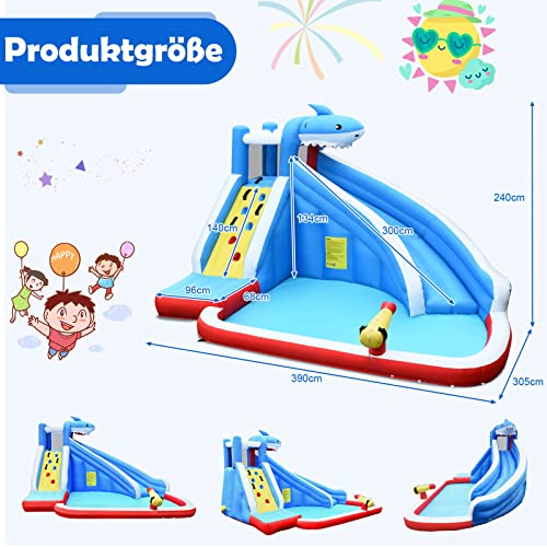 GOPLUS Inflatable Bounce House, Water Park with Slide/Climbing Wall/Basketball Hoop/Splash Pool, for Kids 4-12 Years, Kids Play Pool with Carrying Bag, 390x305x240cm (Shark, With Blower)