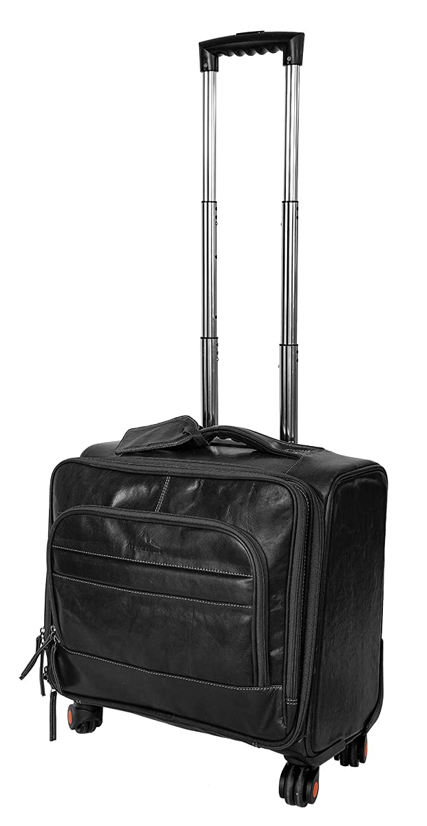 Alpenleder Trolley - Model: Airport (Handmade) - Sustainable organic leather from local farming | Trolley carry-on, rolling briefcase XL *Ethically Made* (40x35x30cm, Ebony)