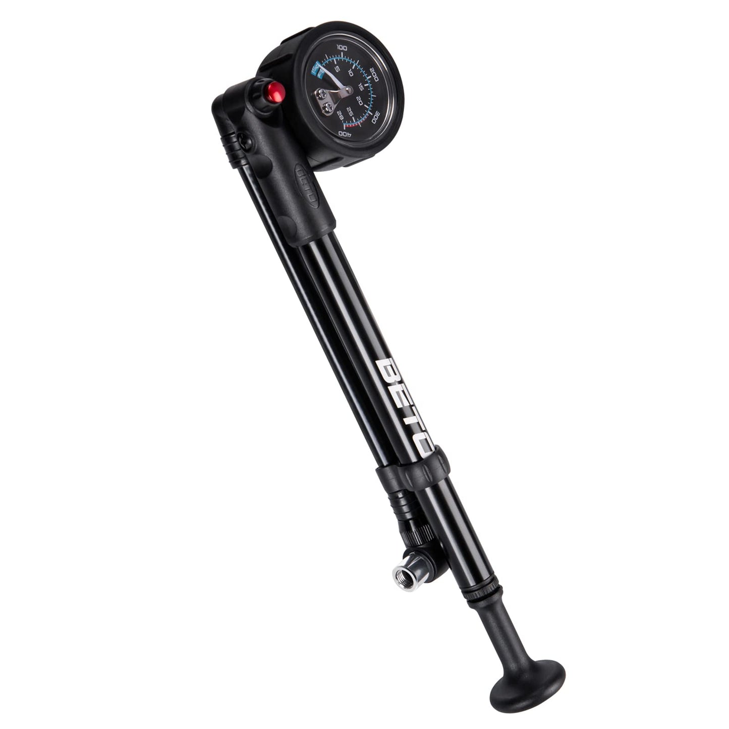 Beto high-pressure shock pump - (400 PSI max) MTB bike shock pump for front and rear suspension with no-loss Schrader valve.
