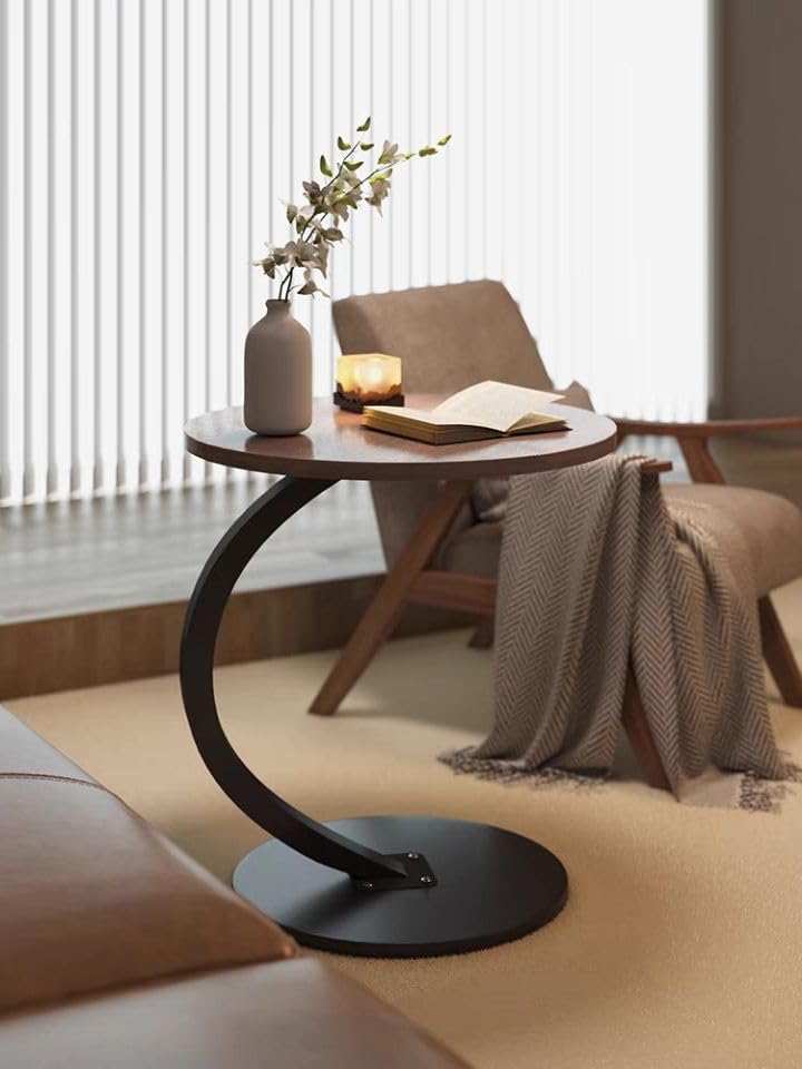 johgee side table Wood, Round coffee table, C-shaped support, table top diameter 40cm, beautiful walnut look, side tables for living room, sofas, wooden, end table