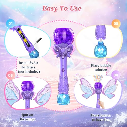 Bombble Fairy Bubble Wand, Electronic Bubble Machine Kids Wand 5000+ Bubbles/Min with Bubble Solution/LED, Bubble Toy Birthday Gift for Girls & Boys 345678
