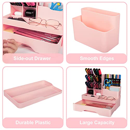Desk organizer with drawer, 5-piece set, plastic, multifunctional, pen holder for kids, office, home, in pink color.