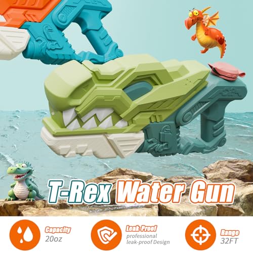 weirtoya 2 Piece Dinosaur Water Gun Kids 580ml Water Squirt Gun 7-10M Powered Water Gun Toy for Girls Boys Ice Cubes Suitable